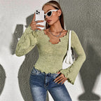Women's Women Clothing Trendy Elegant T Shirt Autumn Winter Edging Design Short Bell Sleeve Top