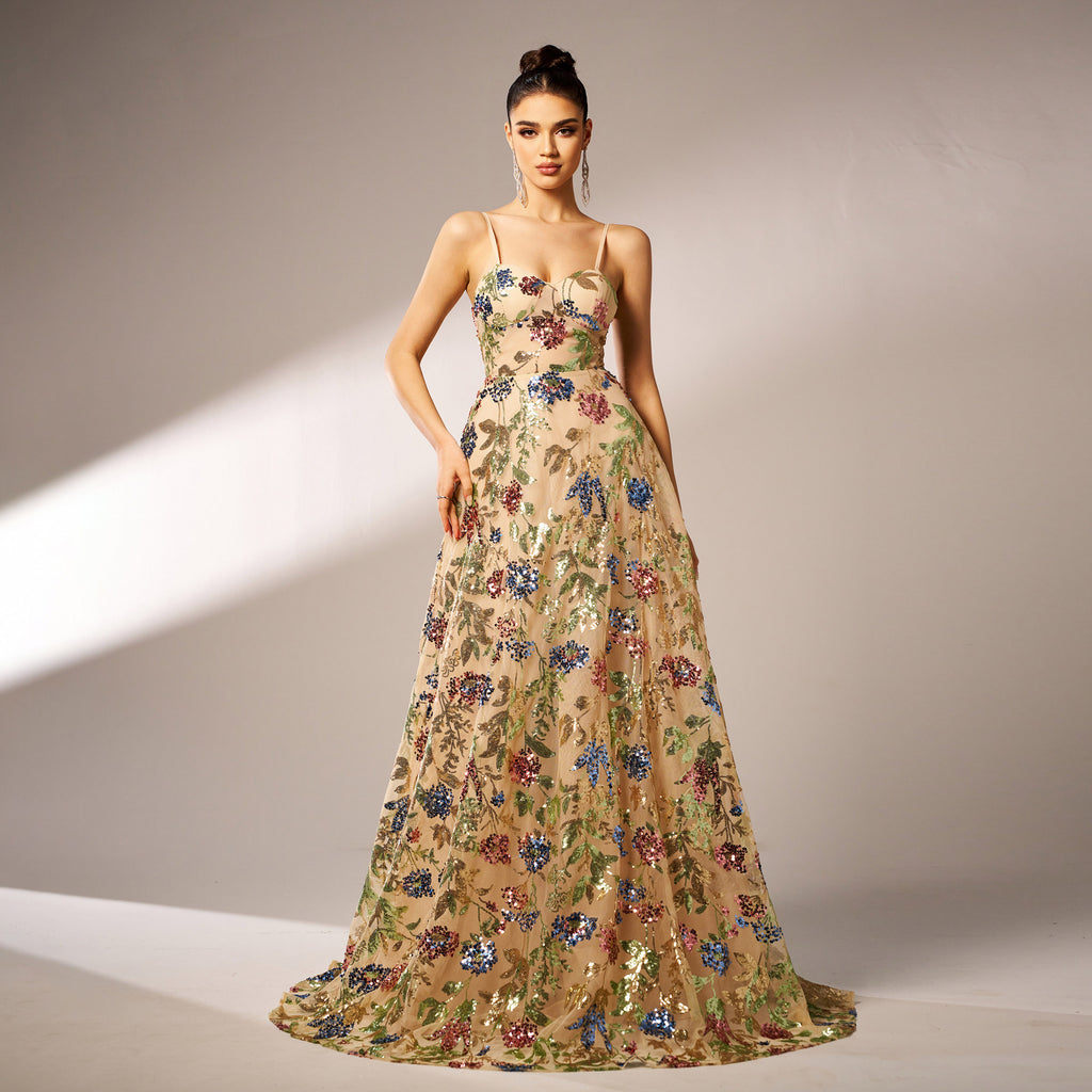 Women's High Class Elegant Sleeveless Off Neck Strap Cocktail Sequined Large Swing Evening Dress Women