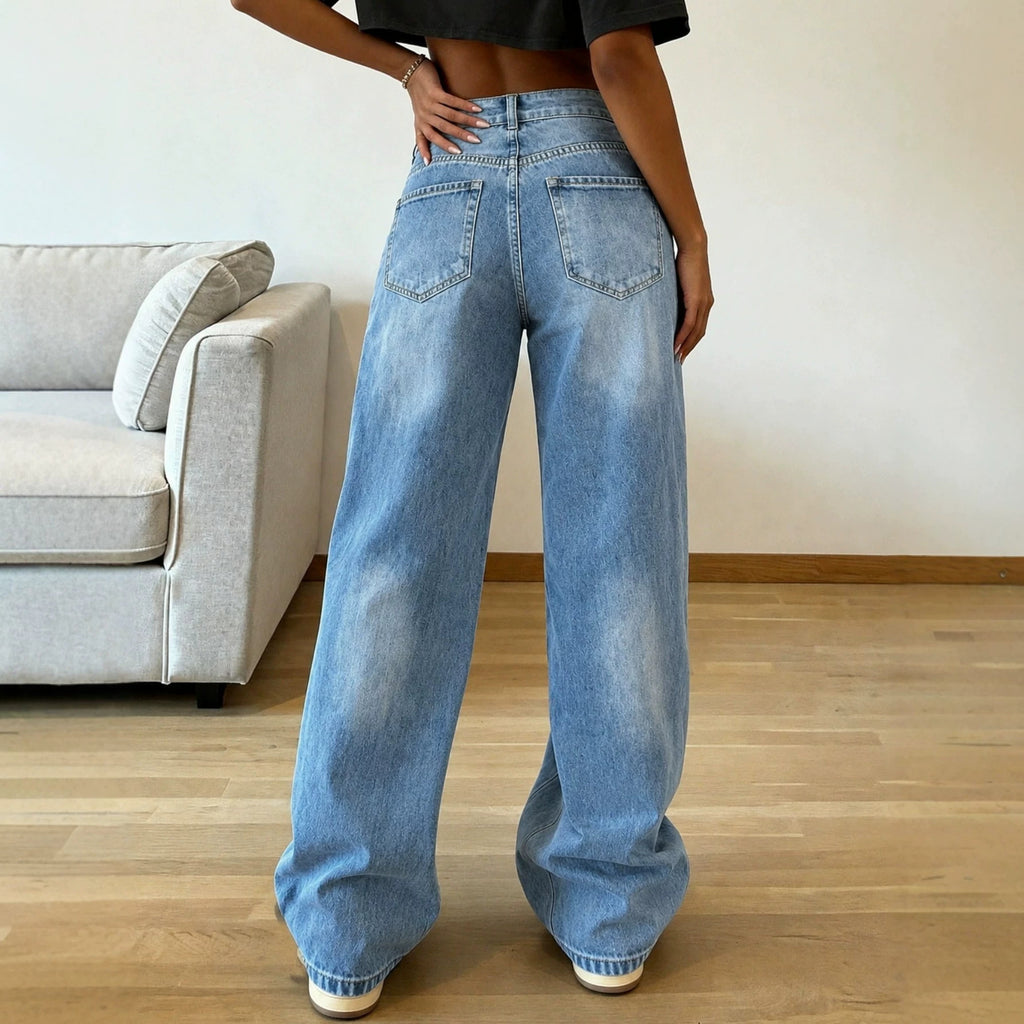 Geometric Wide-Leg Distressed Jeans