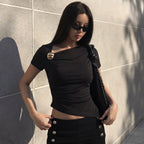 Women's Women Clothing Summer All Match Sexy Asymmetric Slim T Shirt Top
