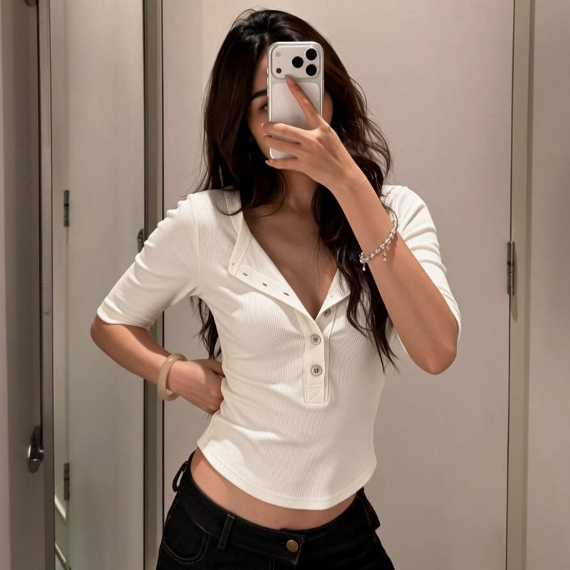 Button-Front Round-Neck Short-Sleeve Top