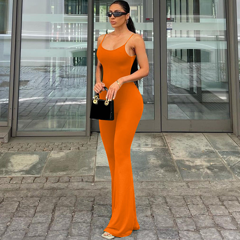 Women's Spring Sexy U Collar Backless Slim Fit Solid Color Sling Jumpsuit
