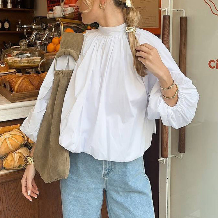 French Small Stand Collar Casual White Shirt Puff Sleeve Design