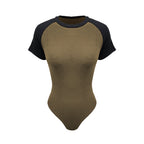 Women's Summer Contrast Color Short Sleeve Rompers Women Round Neck Slim Slimming Bodysuit