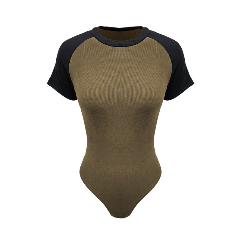 Women's Summer Contrast Color Short Sleeve Rompers Women Round Neck Slim Slimming Bodysuit
