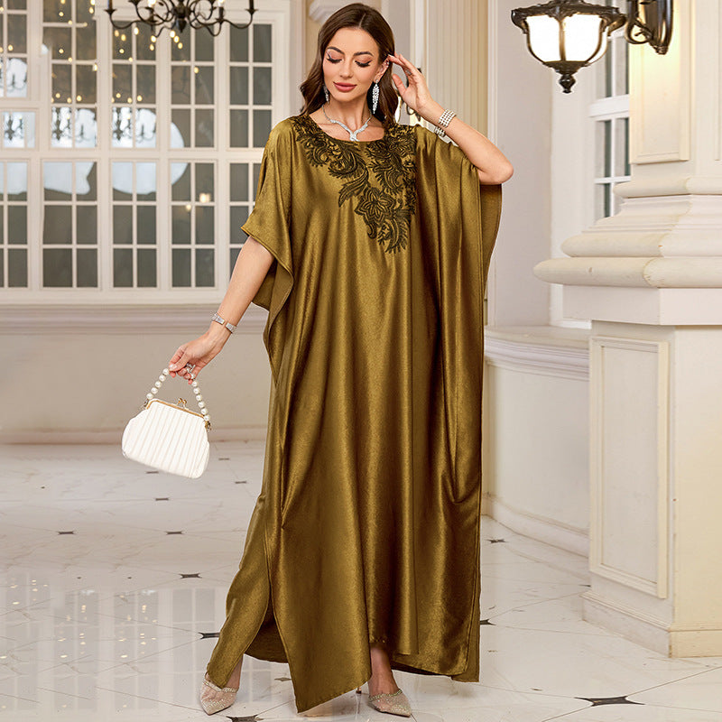 Gold rayon kaftan swim cover-up with ornate floral embroidery on neckline