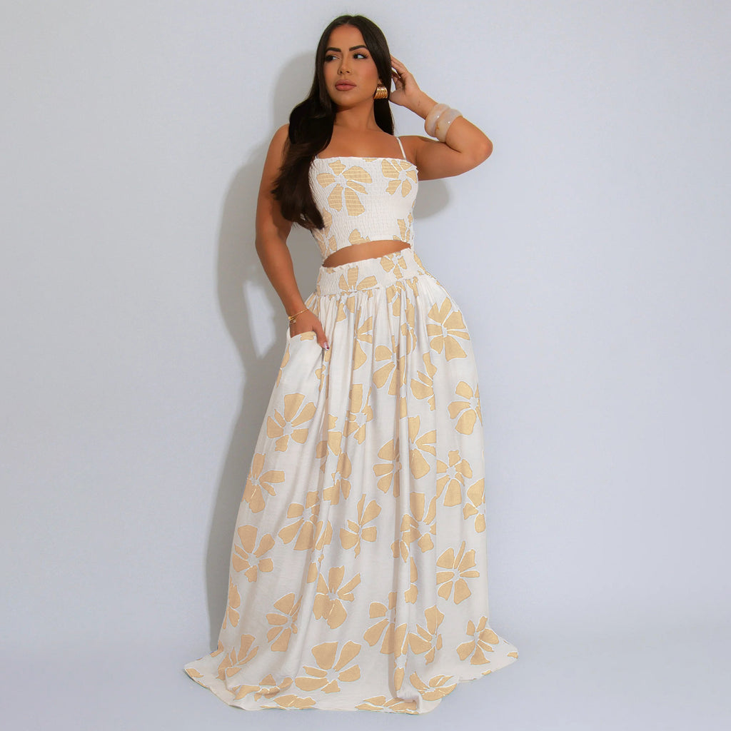 Women's Summer Bohemian Strap Smocking Coordinated Two-Piece Set