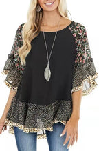 Women's Spring Summer Women Clothing Batwing Sleeve Color Blocking Leopard Floral Print Mid Length Sleeves T Shirt