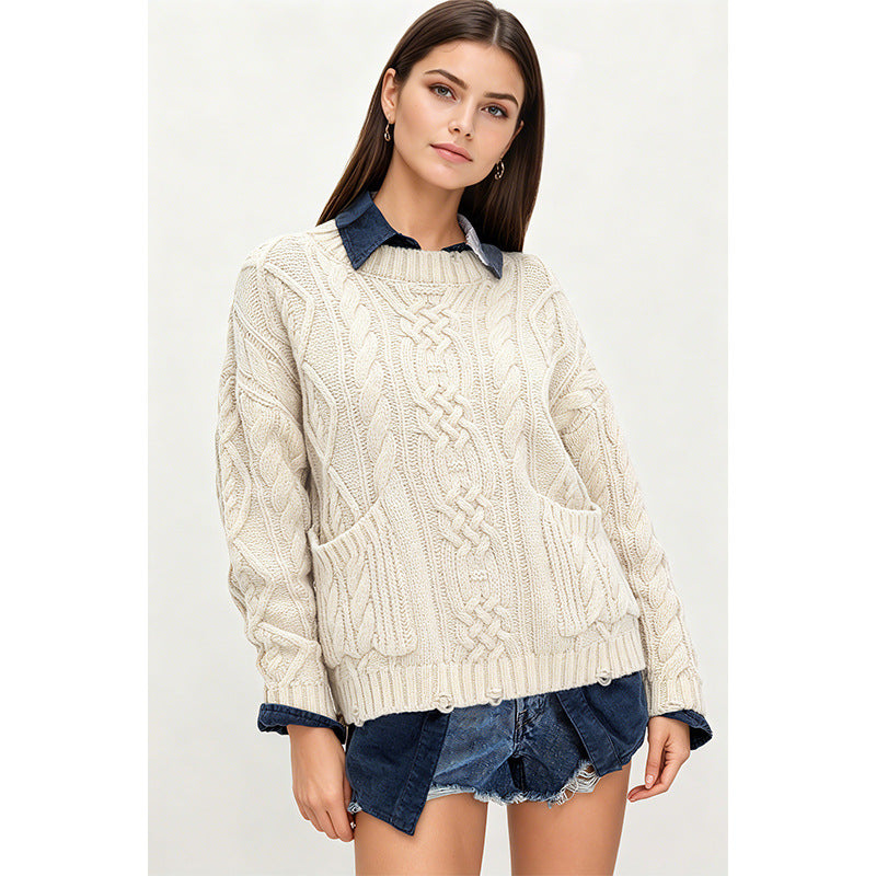 Pullover round Neck Knitted Sweater Women Twist Pocket