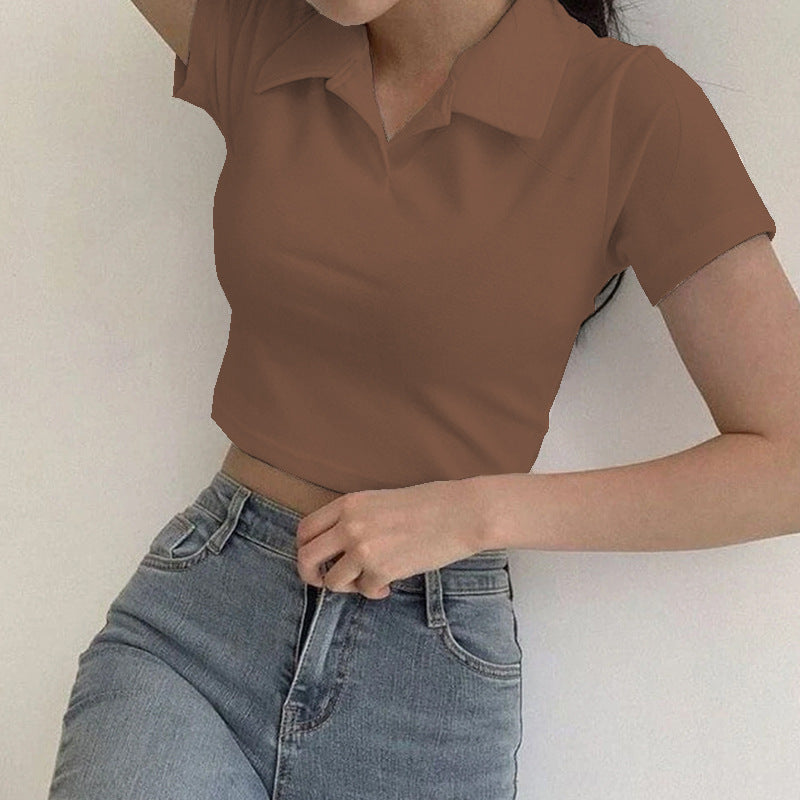 Women’s White Ribbed Polo Collar Cropped Top