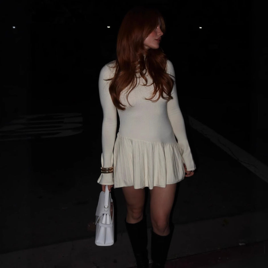 Mock-Neck Long-Sleeve Knit A-Line Mini Dress