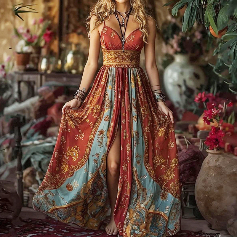 Tube Top Backless Spaghetti-Strap Vintage Printed Maxi Dress
