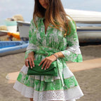 Women's French Bohemian Vacation Spring V Neck Bell Sleeve Embroidered Printed Tied Dress Women