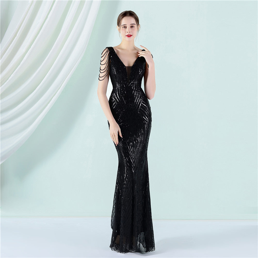 Women's Sequin Beaded Fishtail Evening Maxi Dress