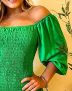 Women's Summer Office National Scheming Pullover High Waist Green Bohemian Short Solid Color Dress