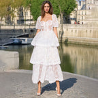 Lace Embroidered Puff Sleeve Tiered Maxi Dress