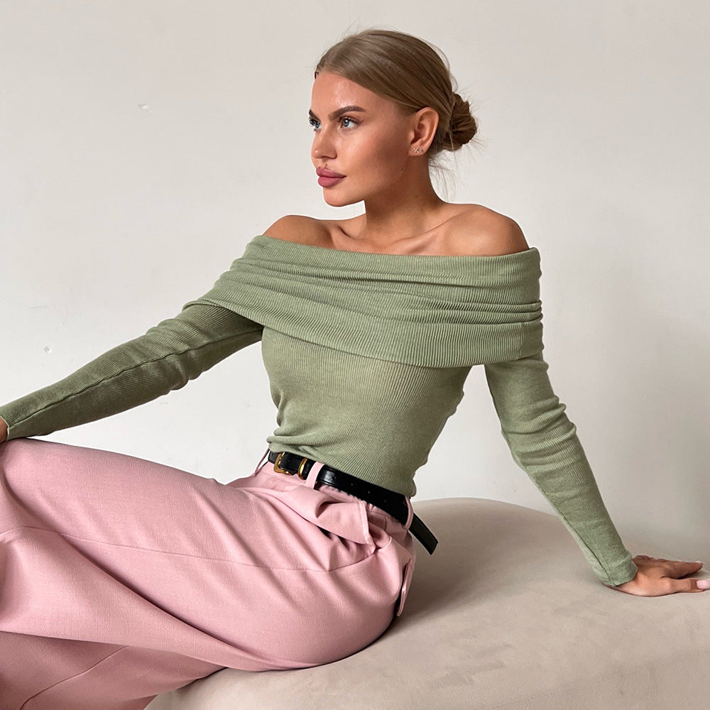 Women's Slim Fit Cashmere Off Neck Long Sleeve Bottoming Sweater