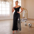 Women's Off-Shoulder Sequin Lace A-Line Maxi Evening Dress
