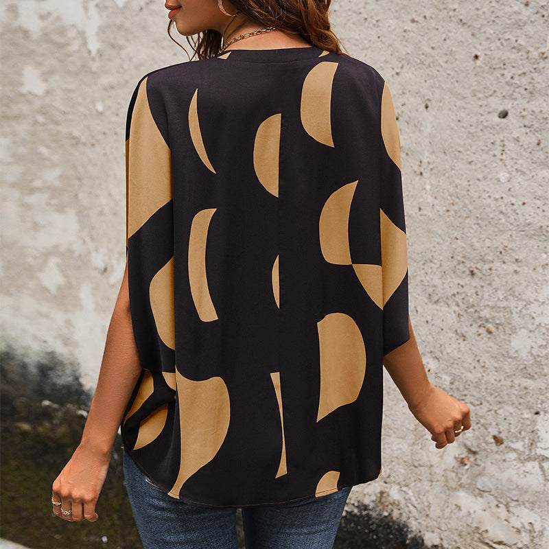 Women's Summer Women Clothing Short Sleeve Pullover V Neck Printed Shirt