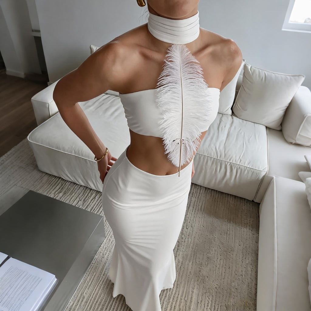 Summer Women Irregular Asymmetric Turtleneck Patchwork Feather Tube Top Sexy Sheath Skirt Sets