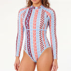 One-piece swimwear with long sleeves and high neck, light blue multi print with red accents