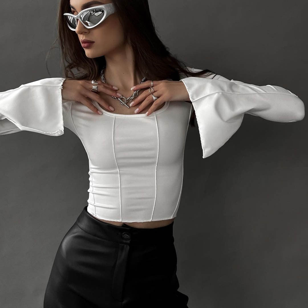 Women's Tight Short Solid Color Backless Lace Up Bottoming Shirt