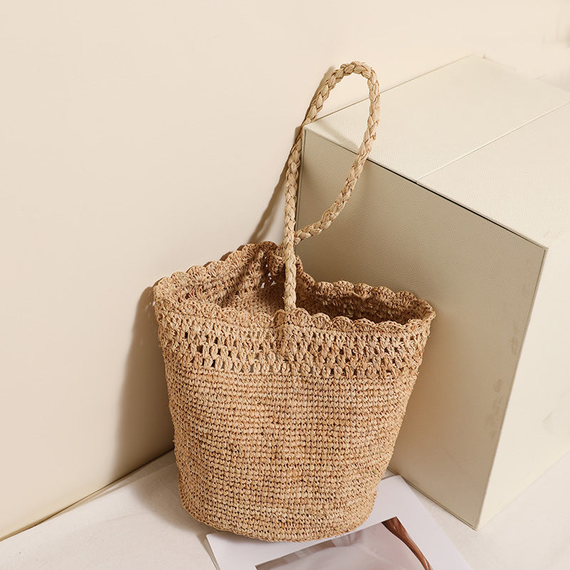 Women's Raffia One-Shoulder Straw Bucket Bag