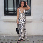 Black White Home Women Printed Halter Hip Low Cut V neck