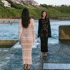 White openwork knit maxi cover-up dress, long sleeves, hollow crochet back view
