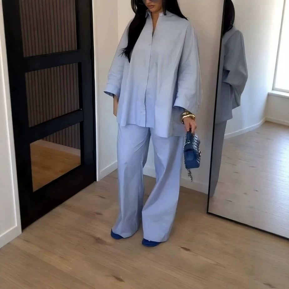Women Summer Casual Loose Oversized Shirt Trousers Set