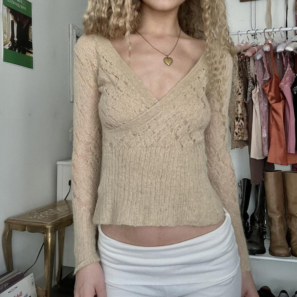 Women's Retro Cross V Neck Hollow Out Cutout Out Short Sweater Women Autumn Winter Solid Color Crocheted Woolen Top