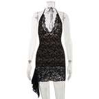 Black lace halter mini dress on mannequin with V-neck and scalloped lace hem