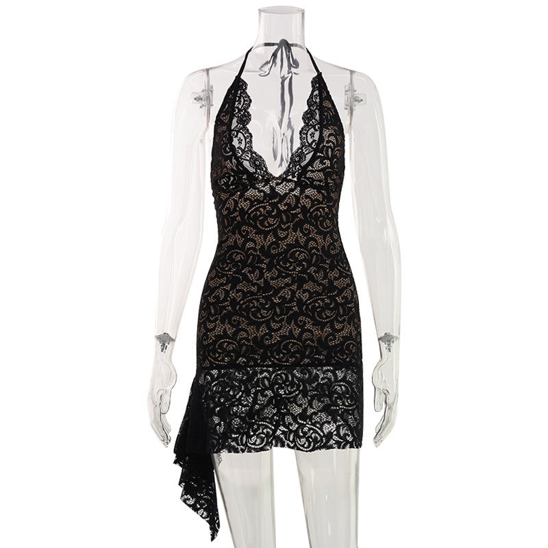 Black lace halter mini dress on mannequin with V-neck and scalloped lace hem