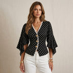 V Collar Polka Dot Top Single Breasted Office Waist Tight