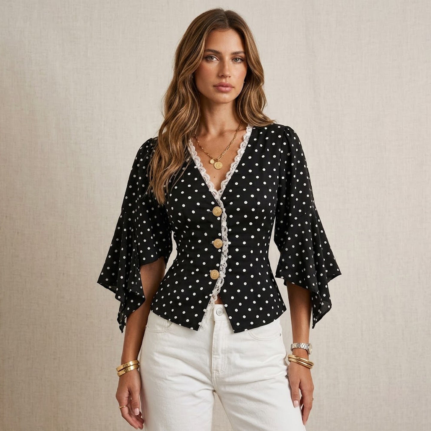 V Collar Polka Dot Top Single Breasted Office Waist Tight