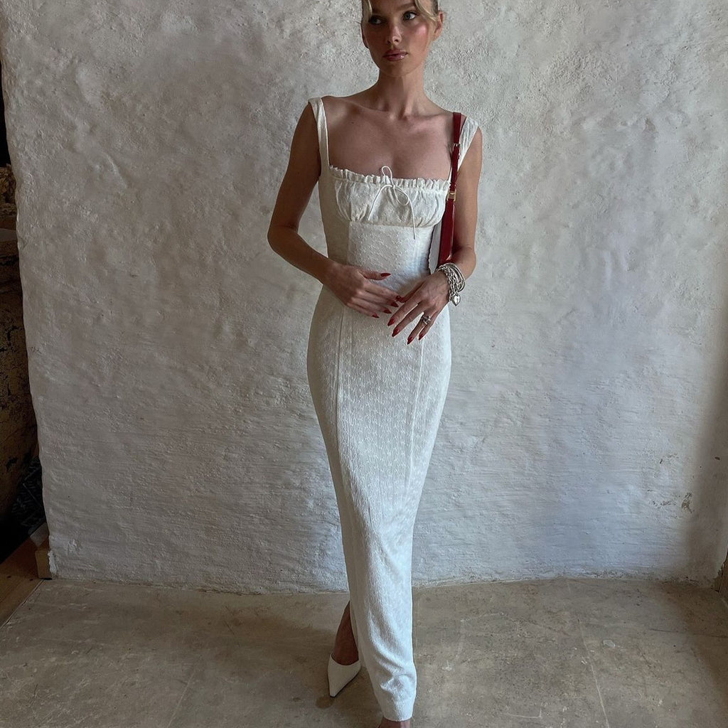 Embroidered Square Neck Slit Maxi Dress