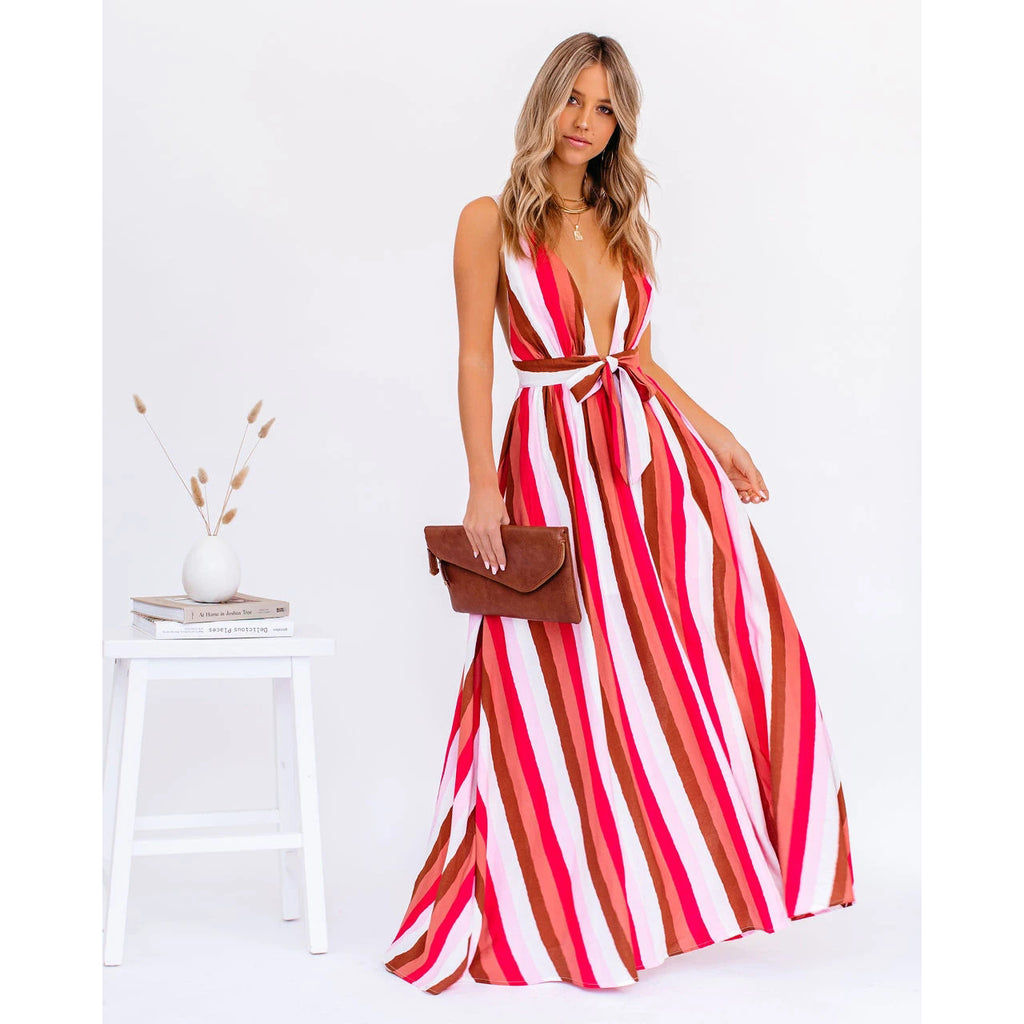 Women's Strap Deep V Plunge Striped Dress Home Loose Lace Up Large Swing Dre