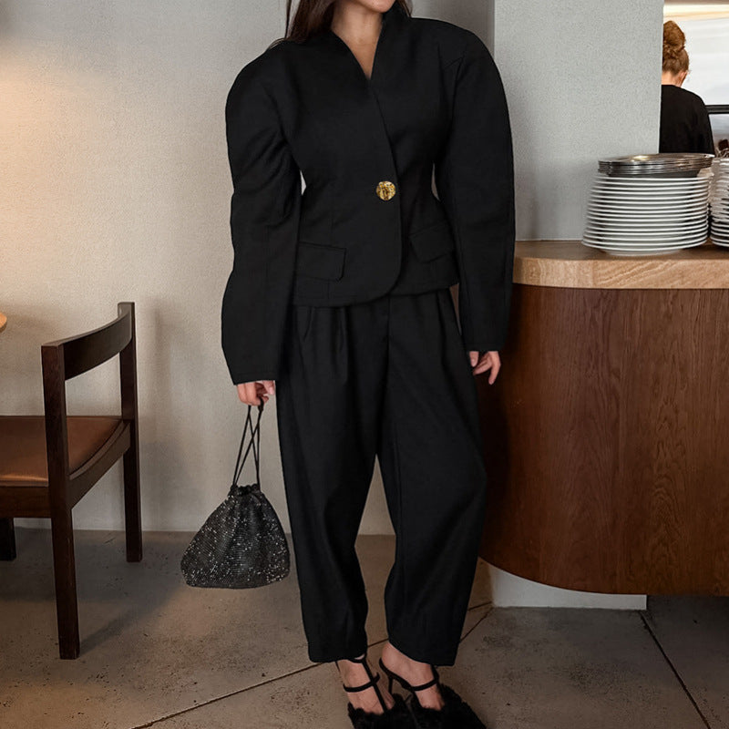 Casual Retro Long-Sleeve One Button Black Top Work Pant Two-Piece Set