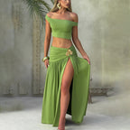 Women's Summer Sexy Cropped Diagonal Collar Top Slim Fit Slit Skirt Set