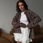 Retro Plaid Shirt Polo Collar Long Sleeve