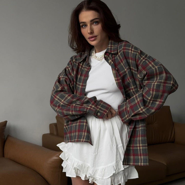 Retro Plaid Shirt Polo Collar Long Sleeve