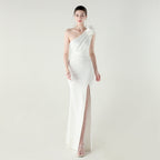 Women's One-Shoulder Three Dimensional Floral Satin Folding High Slit Evening Dress