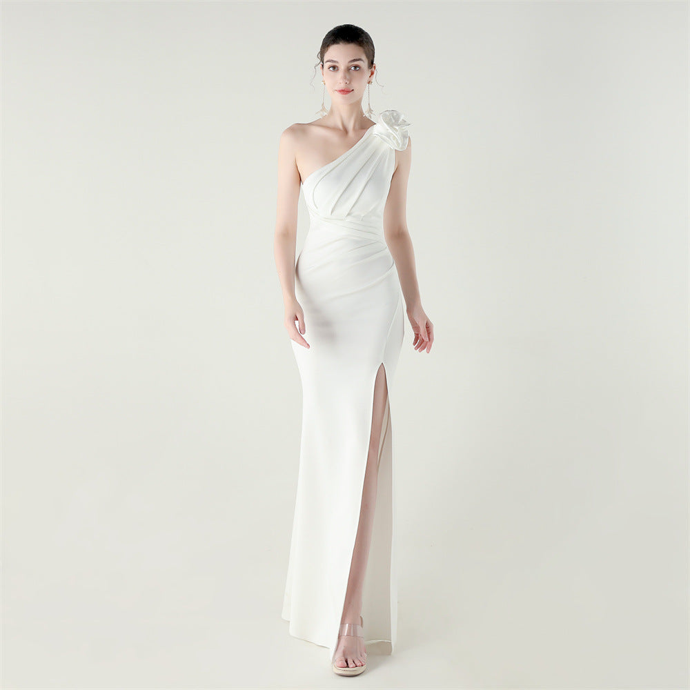 Women's One-Shoulder Three Dimensional Floral Satin Folding High Slit Evening Dress
