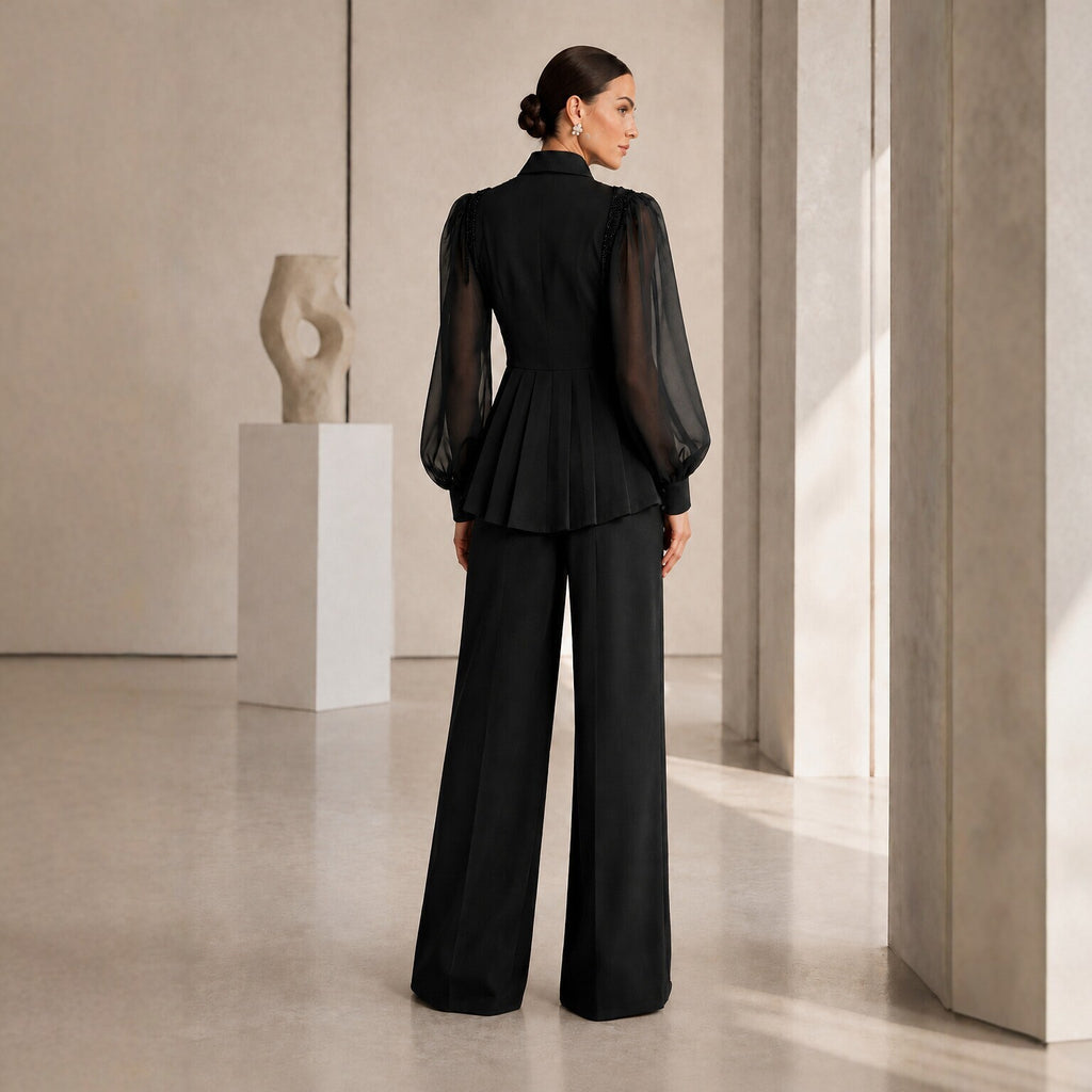 Women's Black Rhinestone Top & Wide-Leg Pants Set