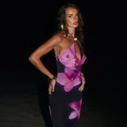 Casual Floral Print Cross Halterneck Lace Up Fishtail Maxi Dress