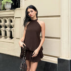 Women's Pleated Backless Lace-Up Halter Dress