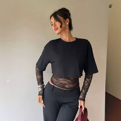 Autumn Lace Stitching Cropped Outfit Slim Solid Color Long