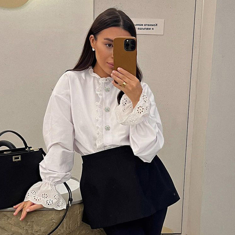 Stand Collar Diamond Ruffled Shirt Western White