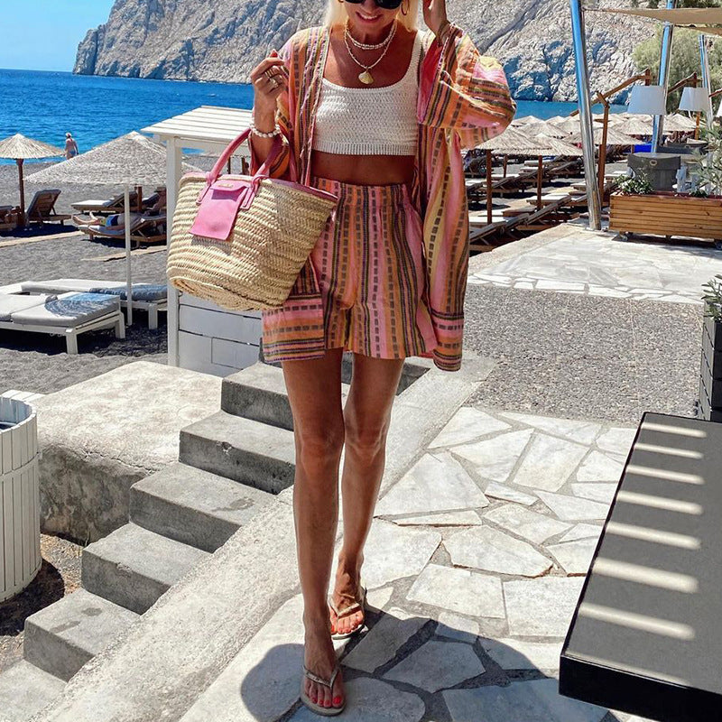 Women's Autumn Winter Printed Loose Top Shorts Two Piece Sets