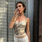 Retro Millennium Lace Stitching Leopard Print Floral Print Sling Sexy Slim V neck Vest for Women
